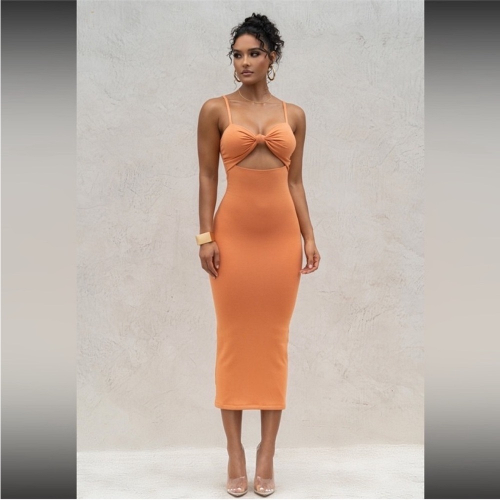 NWT JLUXLABEL Orange Midnight Memories Knot Cut Out Fitted Midi Dress Size M